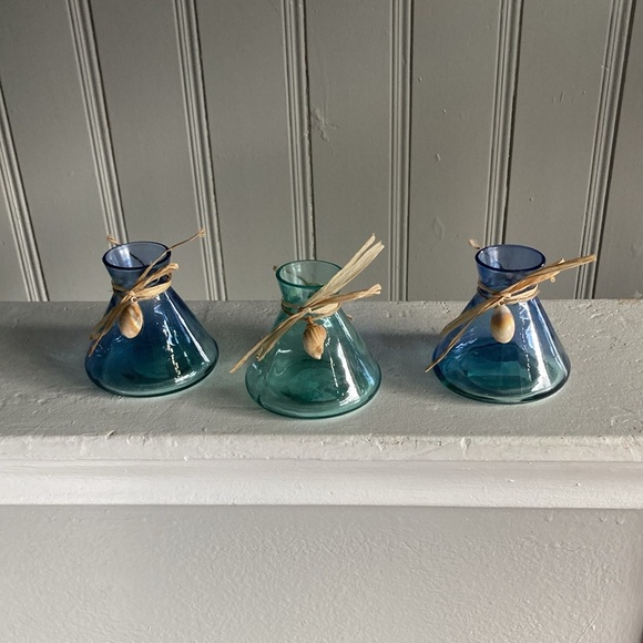 NWT Set of 3- Translucent Beach Glass Bottle Vases with Seashell Accents - Picture 15 of 17